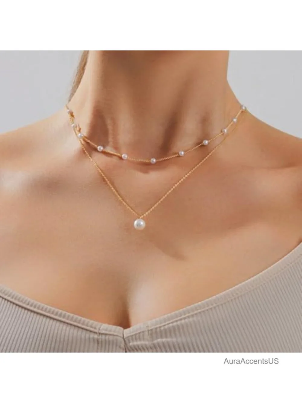14K Gold Plated Pearl Necklace Set Trendy Dainty Pendant Choker Handmade
